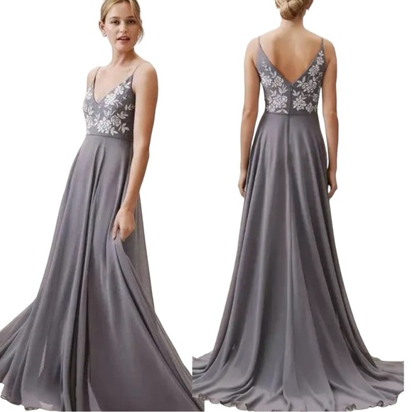BHLDN Dresses & Skirts - New BHLDN X Anthropologie Sadie Embroidered Dress Gown in Fog Gray Size 4